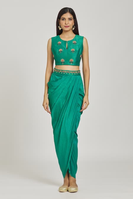 Samyukta Singhania_Green Silk, Organza Embroidery Keyhole Neck Damask Draped Skirt Cape Set _Online_at_Aza_Fashions