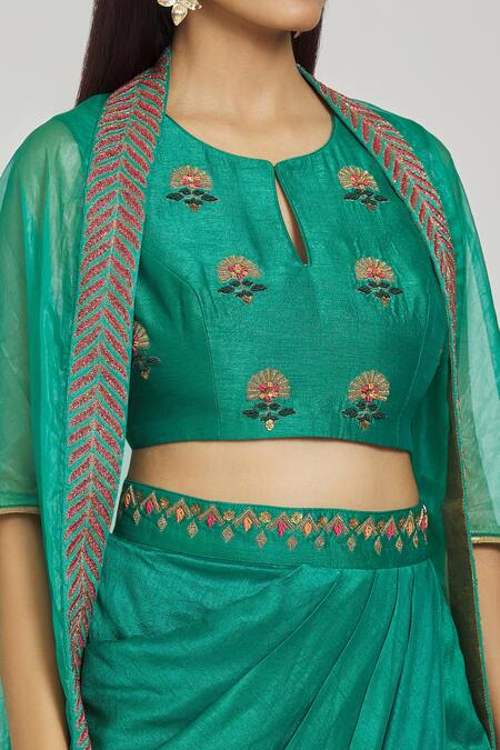 Buy_Samyukta Singhania_Green Silk, Organza Embroidery Keyhole Neck Damask Draped Skirt Cape Set _Online_at_Aza_Fashions