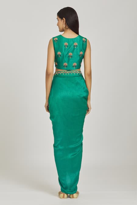 Shop_Samyukta Singhania_Green Silk, Organza Embroidery Keyhole Neck Damask Draped Skirt Cape Set _Online_at_Aza_Fashions