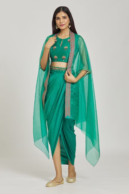 Samyukta Singhania_Green Silk, Organza Embroidery Keyhole Neck Damask Draped Skirt Cape Set _at_Aza_Fashions