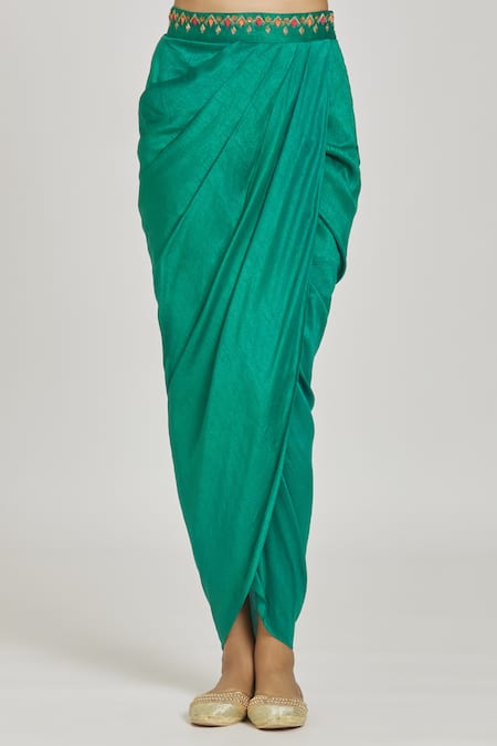 Buy_Samyukta Singhania_Green Silk, Organza Embroidery Keyhole Neck Damask Draped Skirt Cape Set 