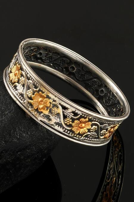 Shop Noor Gold Plated Carved Floral Bangle at Aza Fashions Shop_Noor_Gold Plated Carved Floral Bangle_at_Aza_Fashions