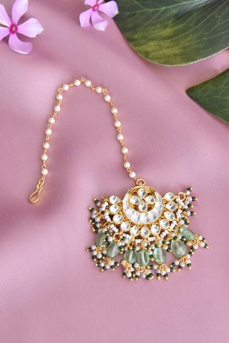 Shop_Swabhimann_Gold Plated Kundan Crescent Maangtikka_at_Aza_Fashions