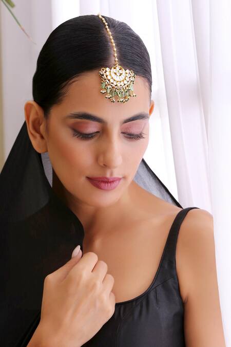 Swabhimann_Gold Plated Kundan Crescent Maangtikka_Online_at_Aza_Fashions
