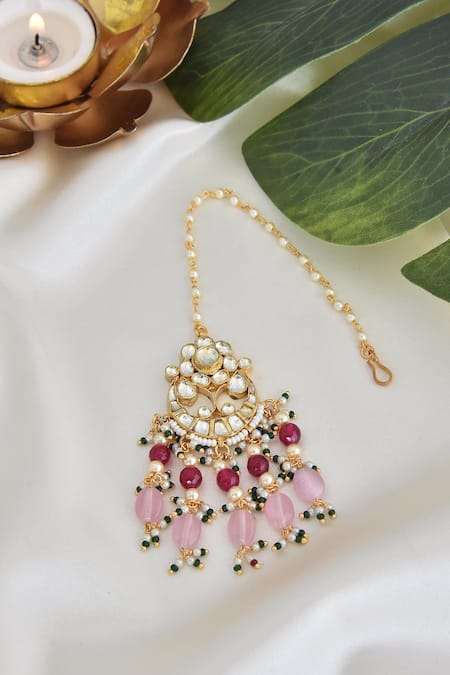 Shop_Swabhimann_Gold Plated Floral Kundan Maangtikka _at_Aza_Fashions