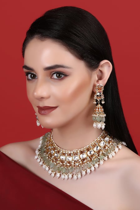 Auraa Trends Gold Plated Stones, Pearls Kundan Embellished Choker And Earrings Set 