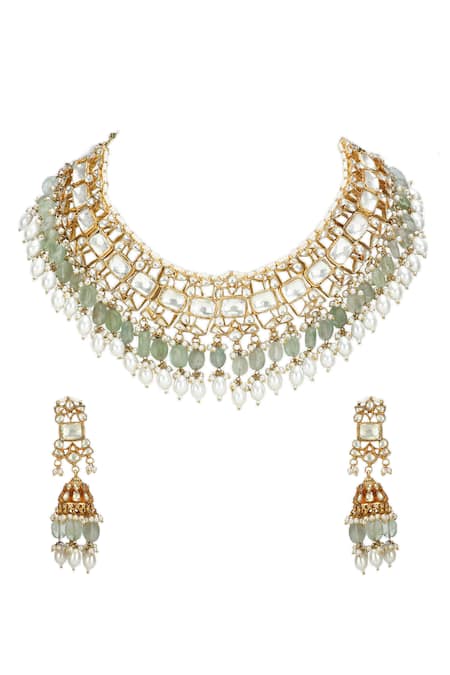 Shop Auraa Trends Gold Plated Stones, Pearls Kundan Embellished Choker And Earrings Set at Aza Fashions Shop_Auraa Trends_Gold Plated Stones, Pearls Kundan Embellished Choker And Earrings Set _at_Aza_Fashions