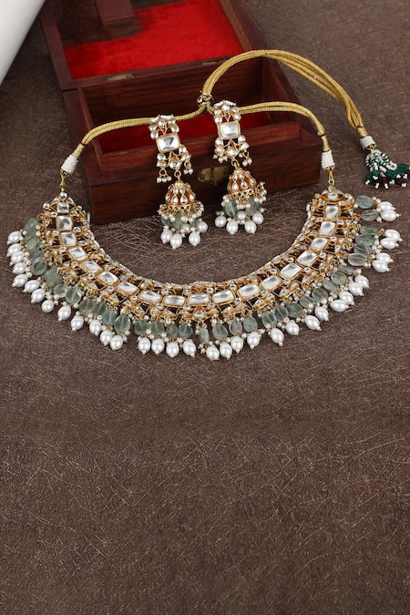 Auraa Trends_Gold Plated Stones, Pearls Kundan Embellished Choker And Earrings Set _Online_at_Aza_Fashions