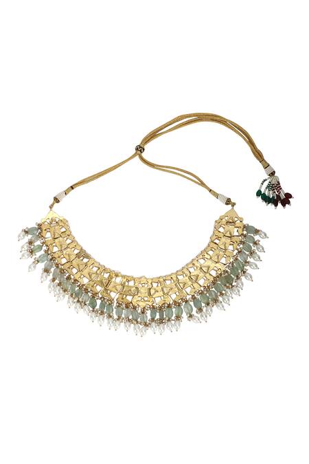 Shop_Auraa Trends_Gold Plated Stones, Pearls Kundan Embellished Choker And Earrings Set _Online_at_Aza_Fashions