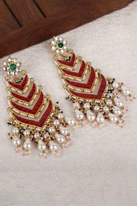 Auraa Trends_Gold Plated Stones, Piping Handcrafted Embellished Earrings _Online_at_Aza_Fashions