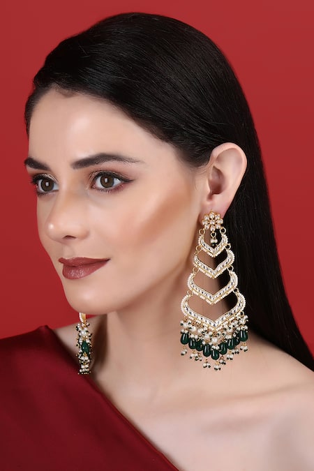Auraa Trends Gold Plated Stones, Diamonds, Zari Handcrafted Embellished Tiered Earrings 