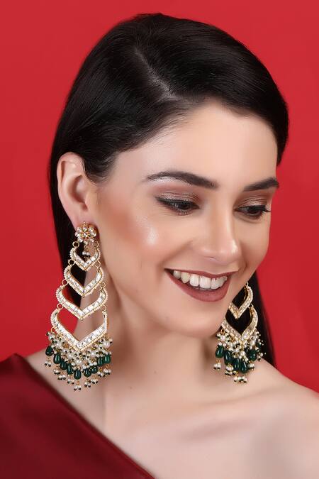 Auraa Trends_Gold Plated Stones, Diamonds, Zari Handcrafted Embellished Tiered Earrings _Online_at_Aza_Fashions