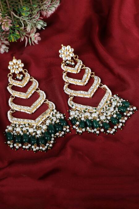 Buy_Auraa Trends_Gold Plated Stones, Diamonds, Zari Handcrafted Embellished Tiered Earrings _Online_at_Aza_Fashions