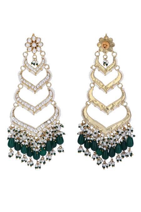 Shop_Auraa Trends_Gold Plated Stones, Diamonds, Zari Handcrafted Embellished Tiered Earrings _Online_at_Aza_Fashions