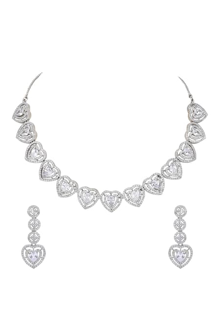 Shop Auraa Trends White Imitation Diamonds Heart Pattern Necklace And Earrings Set at Aza Fashions Shop_Auraa Trends_White Imitation Diamonds Heart Pattern Necklace And Earrings Set _at_Aza_Fashions