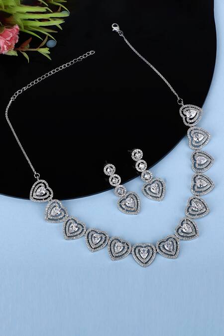 Auraa Trends_White Imitation Diamonds Heart Pattern Necklace And Earrings Set _Online_at_Aza_Fashions