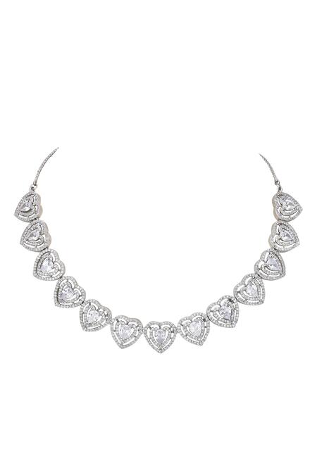 Shop_Auraa Trends_White Imitation Diamonds Heart Pattern Necklace And Earrings Set _Online_at_Aza_Fashions
