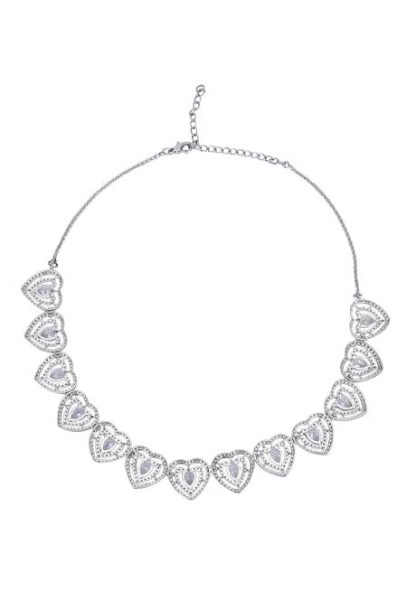 Auraa Trends_White Imitation Diamonds Heart Pattern Necklace And Earrings Set _at_Aza_Fashions