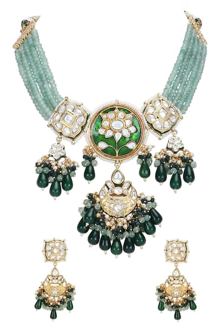 Shop Auraa Trends Gold Plated Stones, Piping Embellished Pendant Drop Necklace Set at Aza Fashions Shop_Auraa Trends_Gold Plated Stones, Piping Embellished Pendant Drop Necklace Set _at_Aza_Fashions