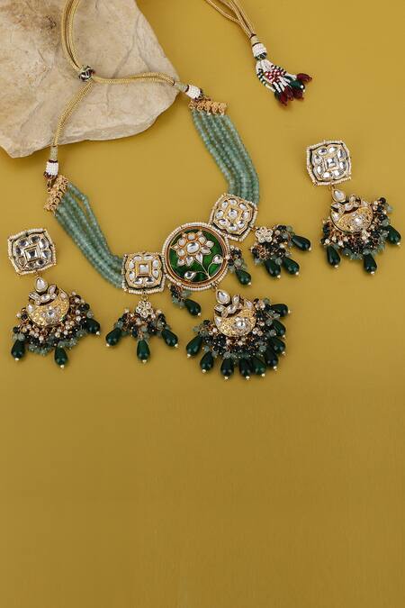 Auraa Trends_Gold Plated Stones, Piping Embellished Pendant Drop Necklace Set _Online_at_Aza_Fashions