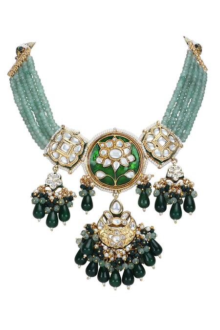 Buy_Auraa Trends_Gold Plated Stones, Piping Embellished Pendant Drop Necklace Set _Online_at_Aza_Fashions