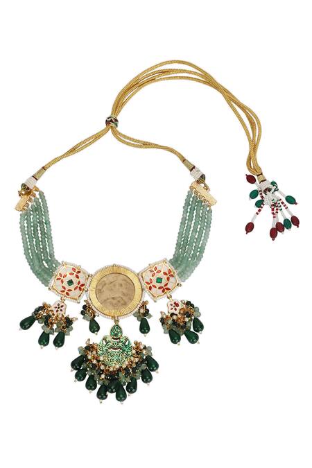 Shop_Auraa Trends_Gold Plated Stones, Piping Embellished Pendant Drop Necklace Set _Online_at_Aza_Fashions