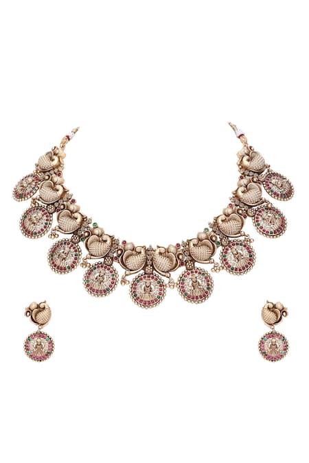 Shop Auraa Trends Gold Plated Stones Temple Motif Embellished Choker Set at Aza Fashions Shop_Auraa Trends_Gold Plated Stones Temple Motif Embellished Choker Set _at_Aza_Fashions