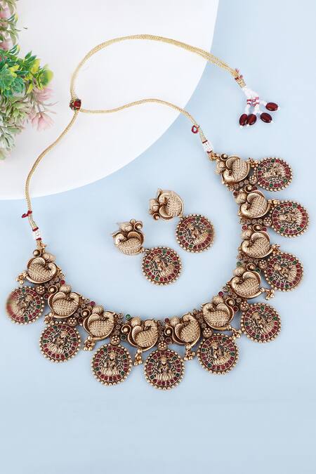 Auraa Trends_Gold Plated Stones Temple Motif Embellished Choker Set _Online_at_Aza_Fashions