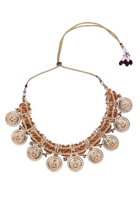 Shop_Auraa Trends_Gold Plated Stones Temple Motif Embellished Choker Set _Online_at_Aza_Fashions