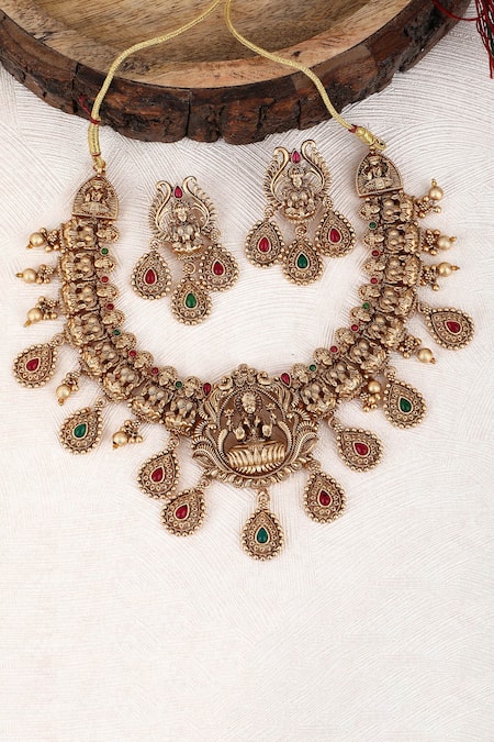 Auraa Trends_Gold Plated Stones, Gota Patti, Diamonds Temple Motif Carved Necklace Set _Online_at_Aza_Fashions