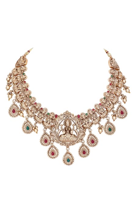 Buy_Auraa Trends_Gold Plated Stones, Gota Patti, Diamonds Temple Motif Carved Necklace Set _Online_at_Aza_Fashions