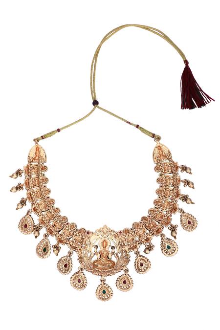 Shop_Auraa Trends_Gold Plated Stones, Gota Patti, Diamonds Temple Motif Carved Necklace Set _Online_at_Aza_Fashions