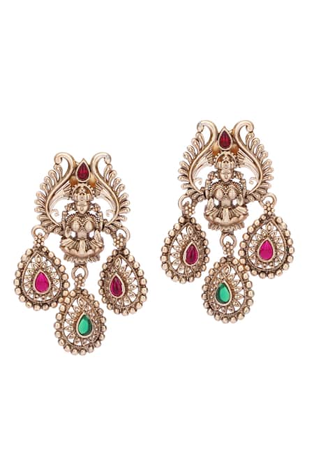 Auraa Trends_Gold Plated Stones, Gota Patti, Diamonds Temple Motif Carved Necklace Set _at_Aza_Fashions