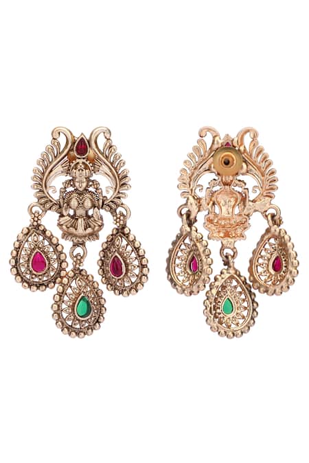 Buy_Auraa Trends_Gold Plated Stones, Gota Patti, Diamonds Temple Motif Carved Necklace Set 