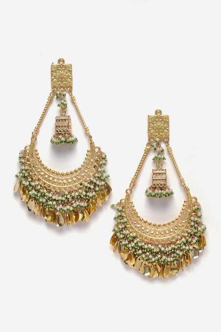 Dugran By Dugristyle_Gold Plated Fabric Flowers, Tassels Pearl Embellished Chandbali Earrings _Online_at_Aza_Fashions