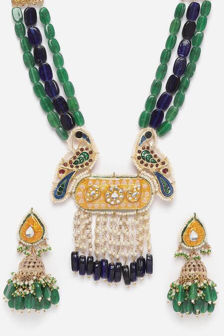 Buy_Dugran By Dugristyle_Multi Color Pearls, Stones Peacock Kundan Embellished Necklace Set _Online_at_Aza_Fashions