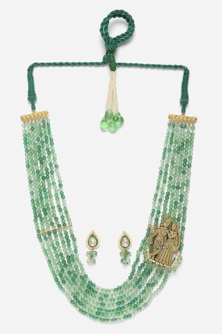Dugran By Dugristyle_Green Pearls, Stones Radha Krishna Layered Necklace Set _Online_at_Aza_Fashions