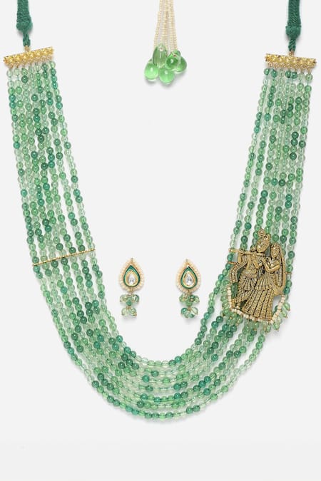 Buy_Dugran By Dugristyle_Green Pearls, Stones Radha Krishna Layered Necklace Set _Online_at_Aza_Fashions