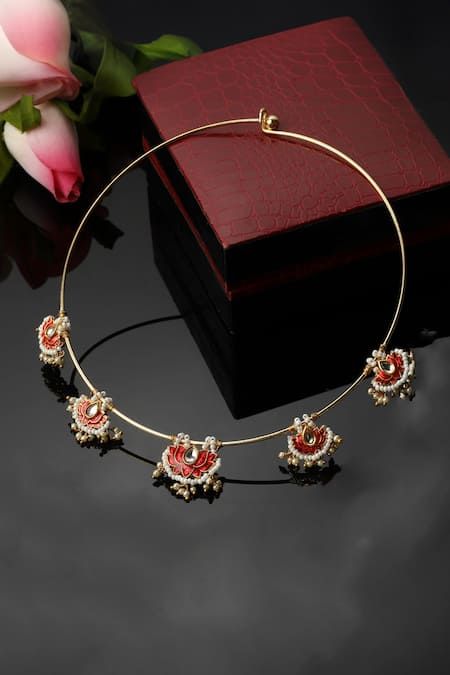 Shop Dugran By Dugristyle Red Lotus Kundan Embellished Necklace at Aza Fashions Shop_Dugran By Dugristyle_Red Lotus Kundan Embellished Necklace _at_Aza_Fashions