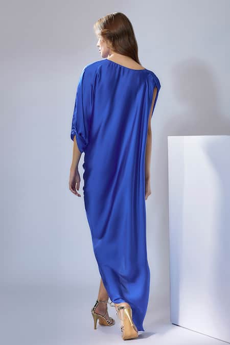 Shop_NA-KA_Blue Satin V-neck Cowl Draped Solid Maxi Dress _at_Aza_Fashions