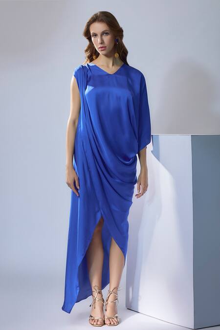 Buy_NA-KA_Blue Satin V-neck Cowl Draped Solid Maxi Dress _Online_at_Aza_Fashions