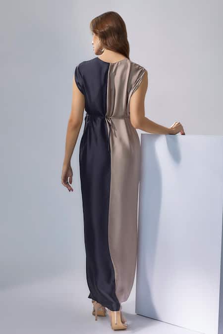 Shop_NA-KA_Blue Satin V-neck Color Block Long Gown _at_Aza_Fashions