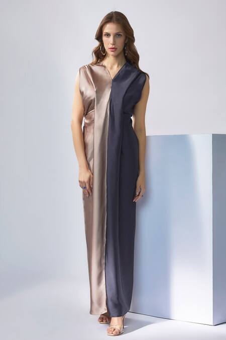 NA-KA_Blue Satin V-neck Color Block Long Gown _Online_at_Aza_Fashions