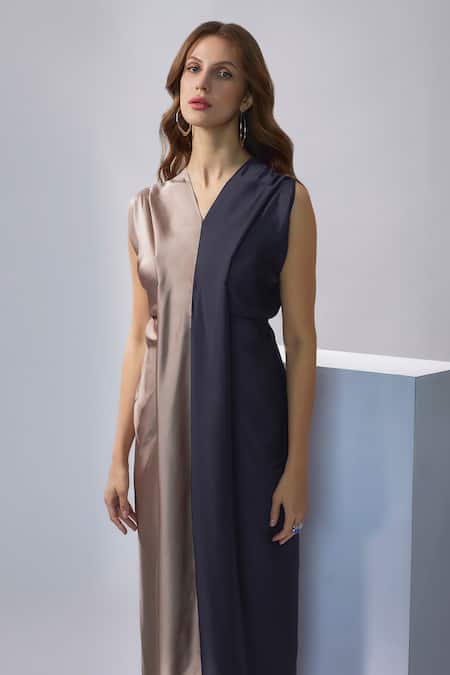 Buy_NA-KA_Blue Satin V-neck Color Block Long Gown _Online_at_Aza_Fashions