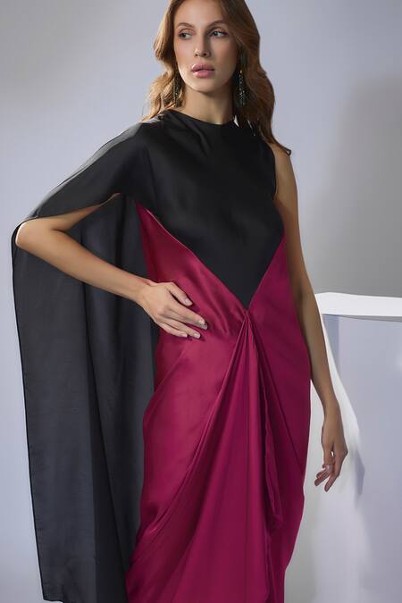 NA-KA_Black Satin Round Neck Draped Color Block Gown _Online_at_Aza_Fashions