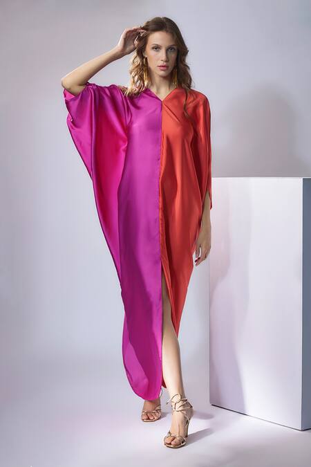 Buy_NA-KA_Pink Satin V-neck Color Block Kaftan Dress _Online_at_Aza_Fashions