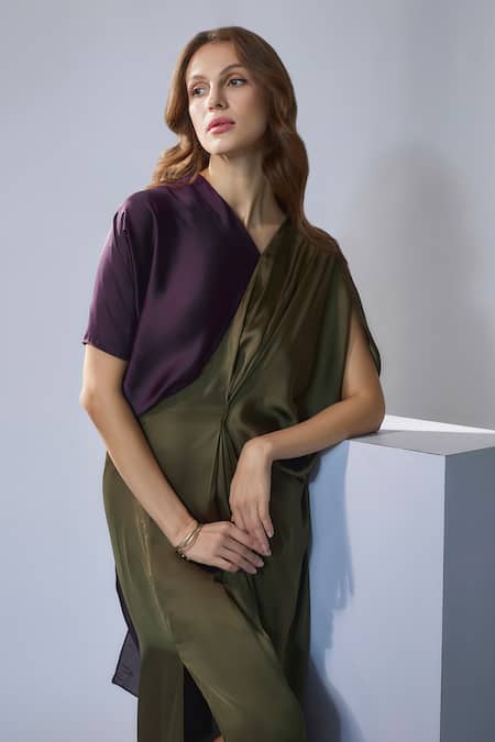 NA-KA_Green Satin V-neck V Color Block Gown _Online_at_Aza_Fashions