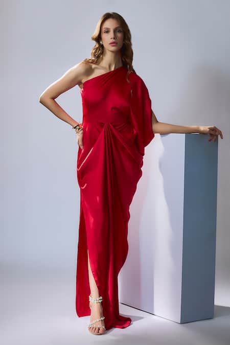 One shoulder gown with tie - red – Michelle Mason
