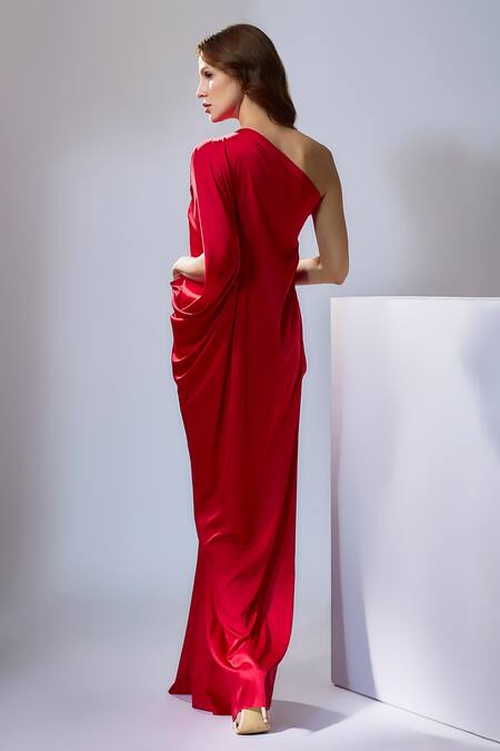 Shop_NA-KA_Red Satin Asymmetric One Shoulder Draped Solid Gown _at_Aza_Fashions