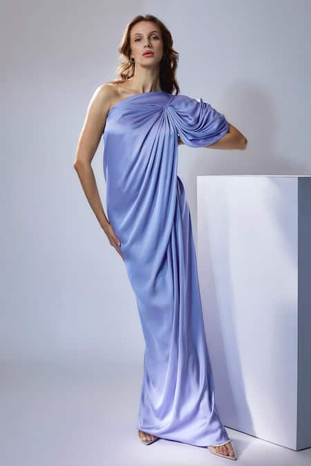 NA-KA_Blue Satin Asymmetric Solid One Shoulder Gown _Online_at_Aza_Fashions
